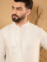 Ethnic Bay Men Off White Viscose Rayon Chevron Embroidered Straight Kurta-MKU1102