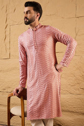 Ethnic Bay Peach Viscose Rayon Solid Embroidered Straight Kurta For Men MKU1104