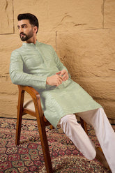 Ethnic Bay Green Viscose Rayon Solid Embroidered Straight Kurta For Men MKU1109