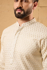 Off White Polyester Embroidered Mandarin Collar Straight Kurta MKU1126