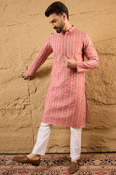 Pink Cotton Blend Embroidered Mandarin Collar Straight Kurta MKU1156