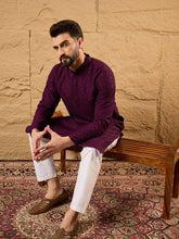 Ethnic Bay Men Purple Viscose Rayon Solid Embroidered Straight Kurta-MKU1189