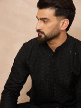Ethnic Bay Men Black Viscose Rayon Solid Embroidered Straight Kurta-MKU1190