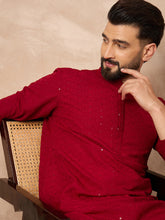 Ethnic Bay Men Maroon Viscose Rayon Solid Embroidered Straight Kurta-MKU1191