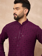 Ethnic Bay Men Purple Viscose Rayon Solid Embroidered Straight Kurta-MKU1211