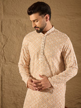 Ethnic Bay Men Beige Viscose Rayon Solid Embroidered Straight Kurta-MKU1235