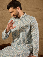 Ethnic Bay Men Blue Viscose Rayon Solid Embroidered Straight Kurta-MKU1237