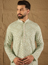 Ethnic Bay Men Green Viscose Rayon Solid Embroidered Straight Kurta-MKU1238