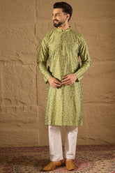 Green Silk Etnic Motifs Printed Straight Kurta MKU1285
