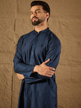 Ethnic Bay Men Blue Viscose Rayon Solid Embroidered Straight Kurta-MKU1293