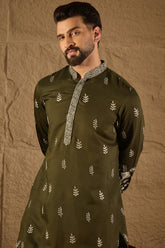 Olive Chanderi Silk Embroidered Straight Kurta HOPMKU1319