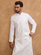 Ethnic Bay Men White Silk Blend Solid Embroidered Straight Kurta-MKU1444