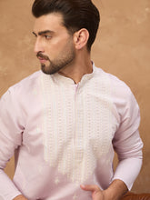 Ethnic Bay Men Lavender Silk Blend Solid Embroidered Straight Kurta-MKU1448