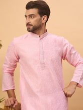 Ethnic Bay Men Pink Silk Blend Solid Embroidered Straight Kurta-MKU1454