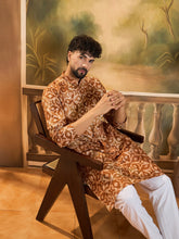 Ethnic Bay Men Brown Pure Cotton Batik Embroidered Straight Kurta with Trouser-MKSET1461