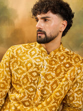 Ethnic Bay Men Yellow Pure Cotton Shibori Embroidered Straight Kurta with Trouser-MKSET1462