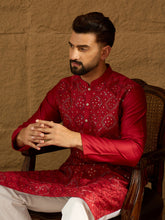 Ethnic Bay Men Maroon Silk Blend Solid Embroidered Straight Kurta-MKU1472