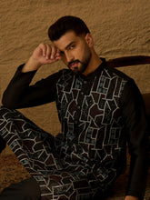 Ethnic Bay Men Black Silk Blend Solid Embroidered Straight Kurta-MKU1474