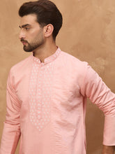 Ethnic Bay Men Peach Silk Blend Solid Solid Straight Kurta-MKU1506