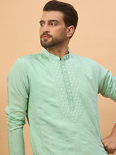 Ethnic Bay Men Blue Silk Blend Solid Embroidered Straight Kurta-MKU1508