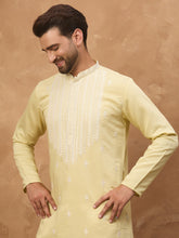 Ethnic Bay Men Yellow Silk Blend Solid Embroidered Straight Kurta-MKU1509