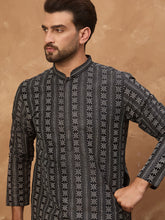 Ethnic Bay Men Black Silk Blend Geometric Printed Straight Kurta-MKU1523