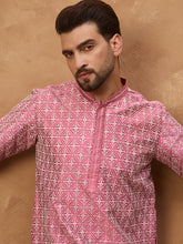 Ethnic Bay Men Pink Silk Blend Ethnic Motifs Printed Straight Kurta-MKU1525
