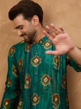 Ethnic Bay Men Teal Viscose Rayon Ethnic Motifs Printed Straight Kurta-MKU1541