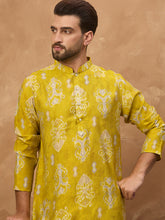 Ethnic Bay Men Yellow Viscose Rayon Ikat Printed Straight Kurta-MKU1543
