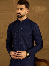 Ethnic Bay Men Navy Blue Viscose Rayon Solid Embroidered Straight Kurta-MKU1556