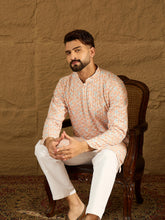 Ethnic Bay Men Orange Viscose Rayon Geometric Printed Straight Kurta-MKU1600