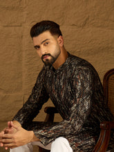 Ethnic Bay Men Black Viscose Rayon Striped Printed Straight Kurta-MKU1607