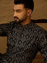 Ethnic Bay Men Black Viscose Rayon Geometric Printed Straight Kurta-MKU1608