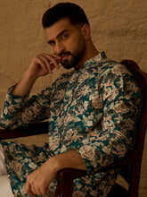 Ethnic Bay Men Teal Silk Blend Floral Printed Straight Kurta-MKU1614