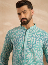 Ethnic Bay Men Teal Viscose Rayon Solid Printed Straight Kurta-MKU1655