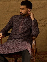 Ethnic Bay Men Black Viscose Rayon Solid Embroidered Straight Kurta-MKU1665