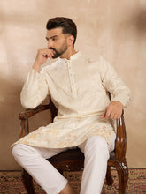 Ethnic Bay Men White Silk Blend Solid Embroidered Straight Kurta-MKU1680