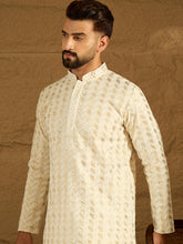 Ethnic Bay Men Off White Cotton Solid Printed Straight Kurta-MKU1702