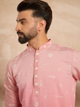 Ethnic Bay Men Pink Silk Blend Ombre Embroidered Straight Kurta-MKU1714