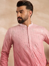 Ethnic Bay Men Pink Silk Blend Ombre Embroidered Straight Kurta-MKU1720