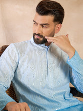 Ethnic Bay Men Blue Silk Blend Ombre Embroidered Straight Kurta-MKU1732
