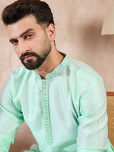 Ethnic Bay Men Blue Silk Blend Solid Embroidered Straight Kurta-MKU1734