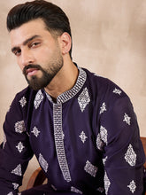 Ethnic Bay Men Purple Silk Blend Solid Embroidered Straight Kurta-MKU1780