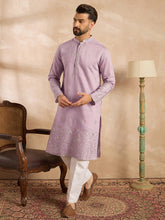 Ethnic Bay Men Lavender Silk Blend Floral Embroidered Straight Kurta-MKU1781