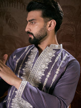 Ethnic Bay Men Lavender Silk Blend Solid Embroidered Straight Kurta-MKU1792