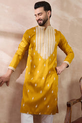 Yellow Silk Blend Embroidered Mandarin Collar Straight Kurta MKU1794