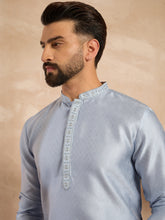 Ethnic Bay Men Blue Polyester Solid Embroidered Straight Kurta-MKU1841