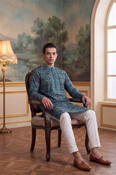 Sea Green Silk Blend Ethnic Motifs Ikat Printed Kurta MKU1893