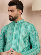 Ethnic Bay Men Green Silk Blend Floral Printed Straight Kurta-MKU1920
