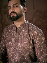 Ethnic Bay Men Mauve Silk Blend Floral Printed Straight Kurta-MKU1932